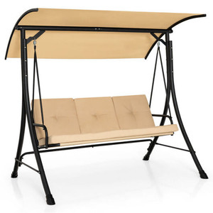 3-Seat Outdoor Porch Swing with Adjustable Canopy and Padded Cushions-Beige - Color: Beige D681-NP10693MS
