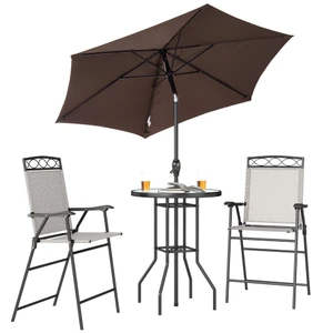 4 Piece Outdoor Bar Set with Umbrella, Patio Dining Set with 2 Folding Chairs, Wave Textured Temper P295-84B-226BG