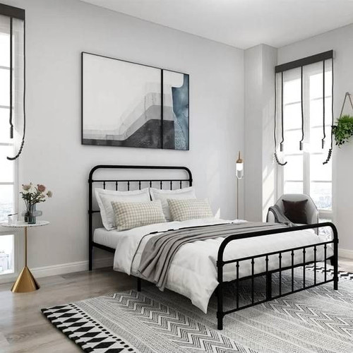 Full size Farmhouse Black Metal Bed Frame with Rounded Headboard Footboard Q280-FDBLKCMB1195827