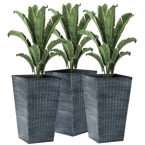 Set of 3 - Grey Faux Rattan Plastic Tall Large Flower Pots Q280-GRYUS65894