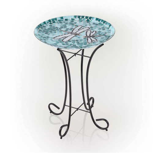 Teal Green Blue White Mosaic Glass Birdbath Bowl with Black Metal Stand Q280-GRMDBMS574293681