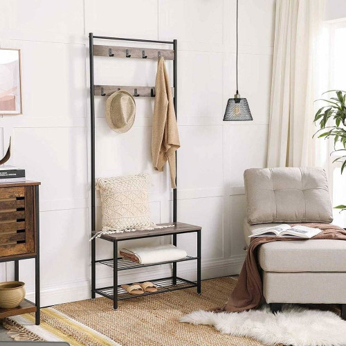 Modern Industrial Black Grey Entryway Coat Rack Shoe Bench with 2 Shelves Q280-ECRVGB728446172865