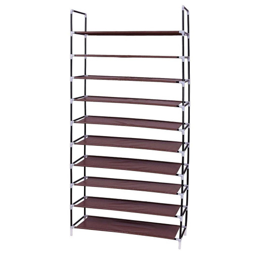 Simple Assembly 10 Tiers Non-woven Fabric Shoe Rack with Handle Dark Brown T575-S0671271288