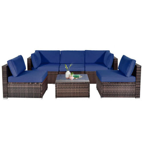 6 Pieces Patio Rattan Furniture Set with Cushions and Glass Coffee Table-Navy - Color: Navy D681-HW67937NYA+