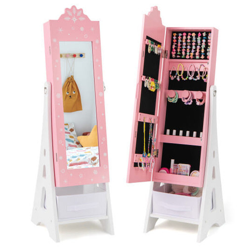 Kids Jewelry Cabinet with Full-Length Mirror and Foldable Drawer-Pink - Color: Pink D681-HY10322PI
