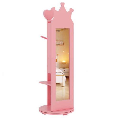 Free-Standing Full Length Mirror Kids Jewelry Armoire Cabinet-Pink - Color: Pink D681-HY10315PI