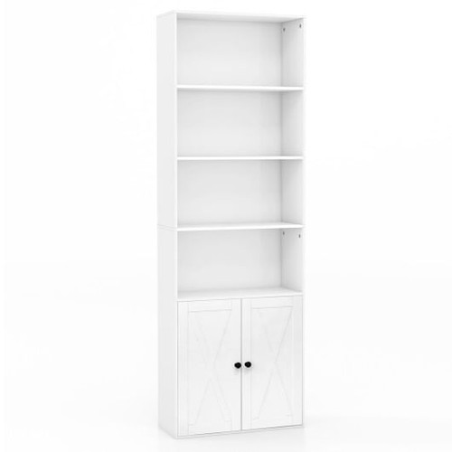 71 Inch Freestanding Bookshelf with 6 Shelves and 2-Door Cabinet-White - Color: White D681-CB10514WH