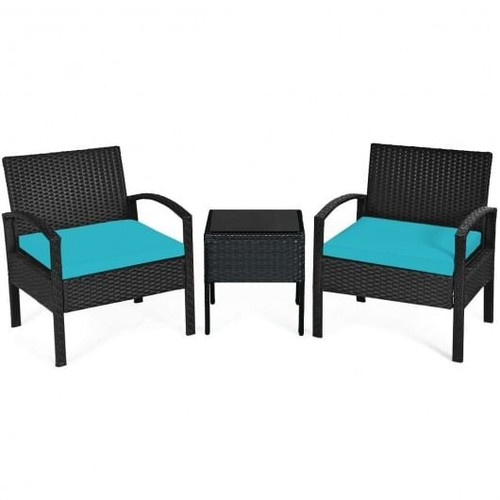3 Pieces Outdoor Rattan Patio Conversation Set with Seat Cushions-Turquoise - Color: Turquoise D681-HW63218TU