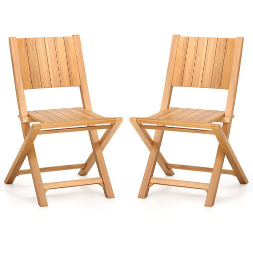 2 Pieces Teak Wood Outdoor Dining Chairs with Slatted Seat D681-JV12298