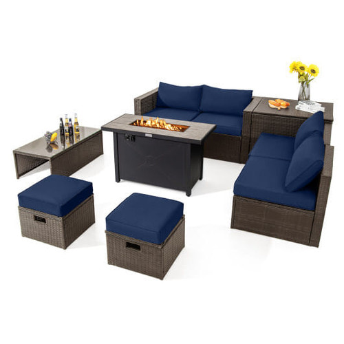 9 Pieces Outdoor Patio Furniture Set with 42 Inch Propane Fire Pit Table-Navy - Color: Navy D681-OP70369+HW68592NY+