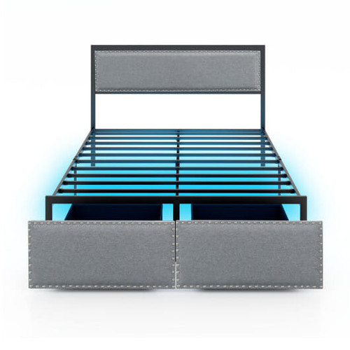 Full/Queen/Twin Size Bed Frame with LED Lights Drawer and Metal Slats-Full Size - Color: Gray - Siz D681-HU10701GR-F