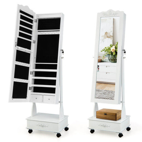 Rolling Floor Standing Mirrored Jewelry Armoire with Lock and Drawers-White - Color: White D681-JV10584WH