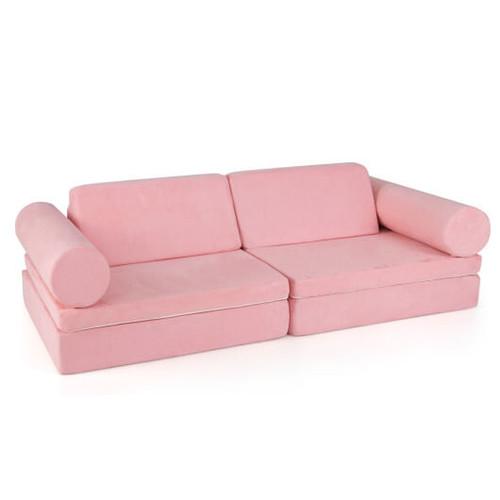 8 Pieces Kids Play Couch Foam Building Fort Play Set with Suede Cover-Pink - Color: Pink D681-HV10435-1