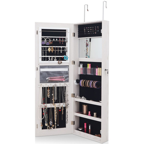 Mirrored Jewelry Armoire with Full Length Mirror and 2 Internal LED Lights-White - Color: White D681-HW65936WH