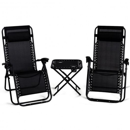 3 Pieces Folding Portable Zero Gravity Reclining Lounge Chairs Table Set-Black - Color: Black D681-OP3475BK