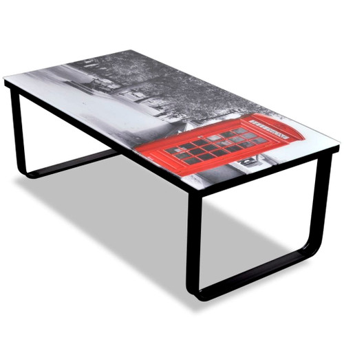  Coffee Table Black with Telephone Booth Print Tempered Glass, Iron A949-241176