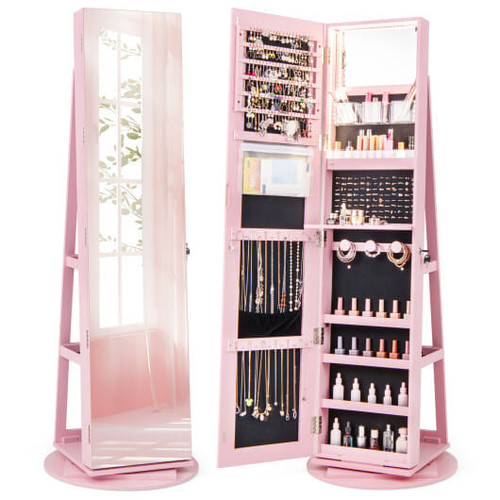 360?° Rotating Mirrored Jewelry Cabinet Armoire 3 Color LED Modes Lockable-Pink - Color: Pink D681-JV10430PI