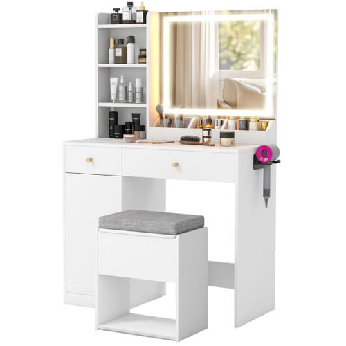 Vanity Dressing Table and Chair Set with Mirror and Lights-White - Color: White D681-HU10935US-WH+