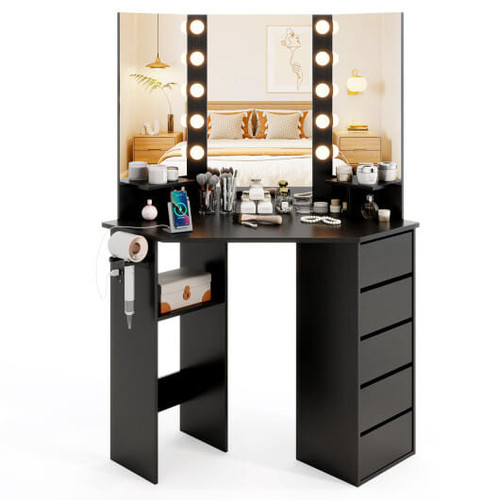 Corner Vanity Desk with 3-Color LED Lighted Mirror and Power Outlet-Black - Color: Black D681-HU10986US-DK+