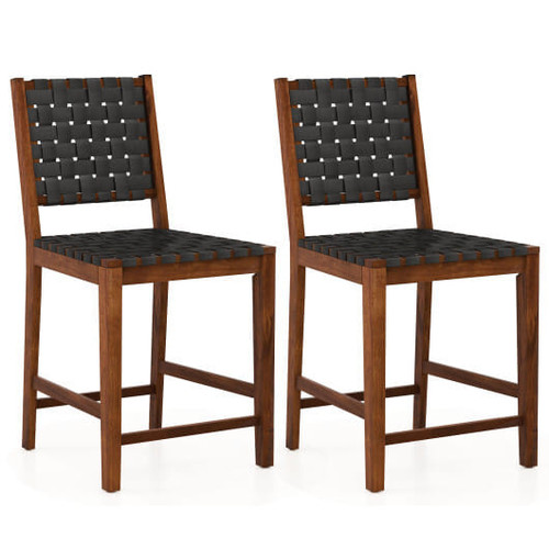 Set of 2 Woven Bar Stools with Faux PU Leather Straps-Black - Color: Black D681-JV11216DK