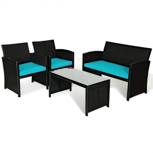 4 Pieces Rattan Patio Furniture Set with Weather Resistant Cushions and Tempered Glass Tabletop-Tur D681-HW63239TU