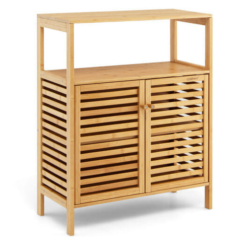 Bamboo Bathroom Floor Storage Cabinet with Shutter Doors-Natural - Color: Natural D681-JV10333NA