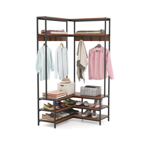 Corner Garment Rack with Open Shelves and 7 Hooks Shoe Bench-Walnut - Color: Walnut D681-HU10555WT