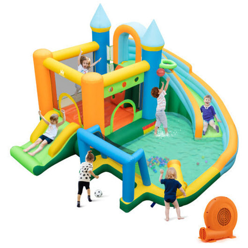 Inflatable Water Slide with Dual Slides and Splash Pool Bounce House with 680W Blower - Color: Green D681-NP11331+ES10151US