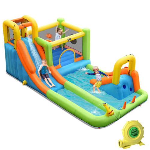 8-in-1 Inflatable Water Slide Bounce House with Splash Pool and 735W Blower - Color: Blue D681-OP70964