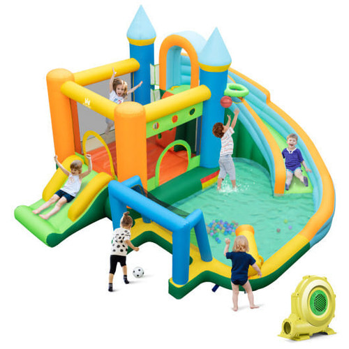 Inflatable Water Slide with Dual Slides and Splash Pool Bounce House with 735W Blower - Color: Green D681-NP11331+EP24683