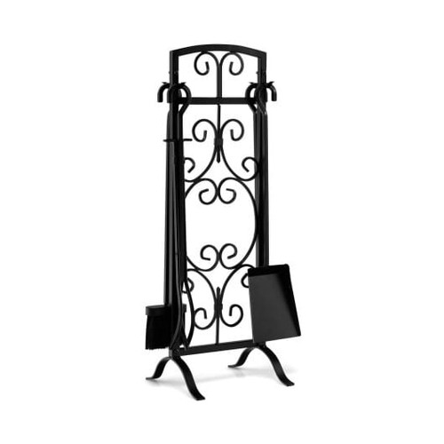 5 Piece Wrought Iron Fireplace Tools with Decor Holder-Black - Color: Black D681-HV10287DK