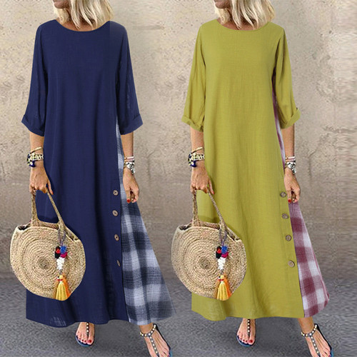 Color: dark blue, Size: L - Plaid short-sleeved dress Q119-CJNSSYLY02266-dark blue-L