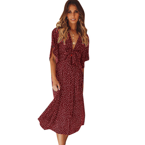 Color: gules, Size: L - Printed Polka Dot Long Skirt Strap Bow Small Sweet Dress Q119-CJNSSYLY01764-gules-L