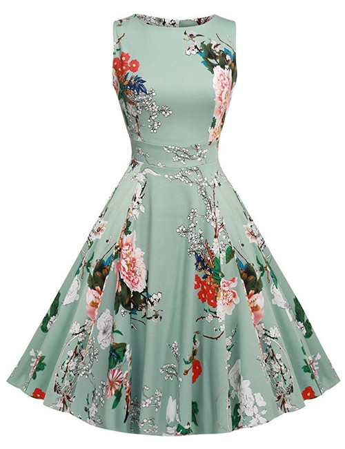 Style: 06, Size: XL - Women's cotton round neck dress sleeveless print Hepburn retro skirt Q119-CJNSSYLY00332-06-XL