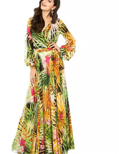 Color: Yellow, size: XL - 2021 Summer Amazon New Lantern Sleeve V-neck Green Leaf Print Sk Q119-CJNSSYLY01822-Yellow-XL
