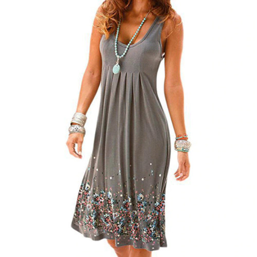 Color: Gray, Size: L - Sleeveless Floral Print Loose Summer Dress Fashion Casual Women Dress Q119-CJNSSYLY02066-Gray-L