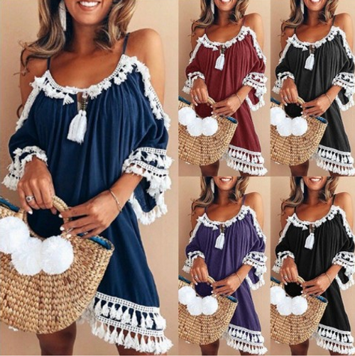 Color: Element Blue, Size: XL - Summer explosions hanging neck tassels net color strapless dress sh Q119-CJNSSYLY00650-Element Blue-XL