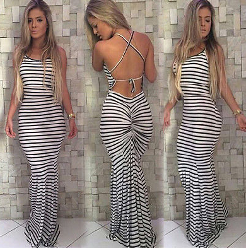 Black and white striped slim sling backless sexy dress Q119-CJNSSYLY01633