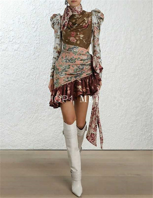 Contrast color stitching waist belt long-sleeved printed dress diagonal skirt women Q119-CJNSSYLY01453