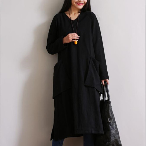 Large size literary big pocket bottoming long sleeve loose casual cotton dress dress Q119-CJNSSYLY00748
