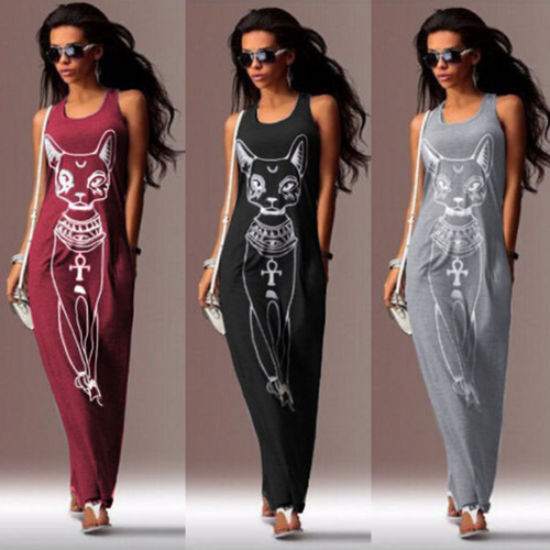 Color: Black, Size: XXL - Cat Print Dress Q119-CJNSSYLY00456-Black-XXL