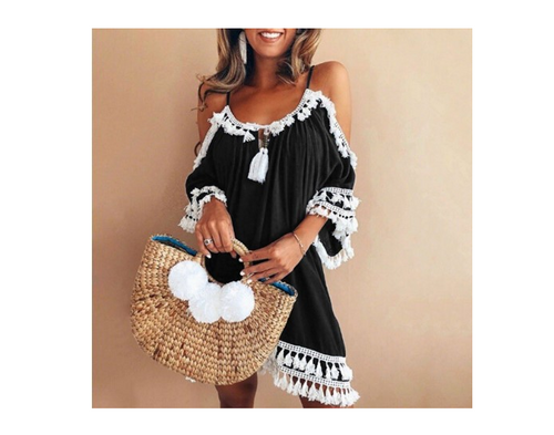Color: Black, Size: XL - Summer explosions hanging neck tassels net color strapless dress short ski Q119-CJNSSYLY00650-Black-XL