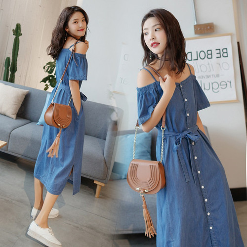 One-shoulder denim dress female summer chic strapless student waist slimming denim strap dress Q119-CJNSSYLY00781