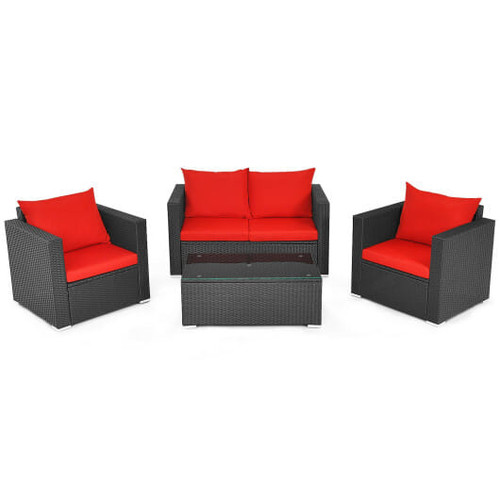 4 Pieces Patio Rattan Conversation Set with Cushions and Coffee Table-Red - Color: Red D681-HW65410CRE+