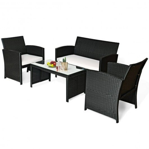 4 Pieces Rattan Patio Furniture Set with Weather Resistant Cushions and Tempered Glass Tabletop-Whi D681-HW63239WH