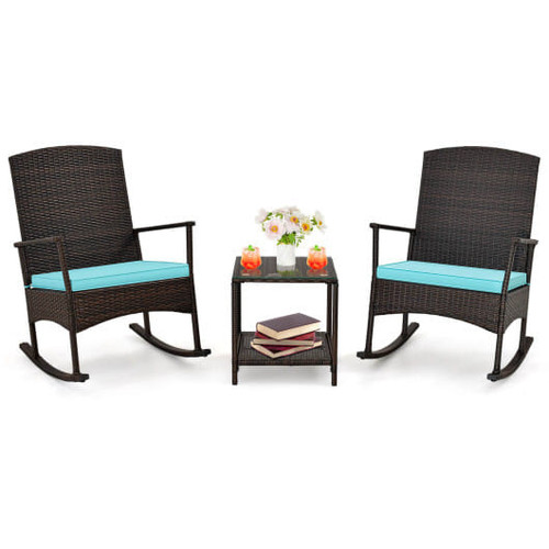 3 Piece Patio Rocking Set Wicker Rocking Chairs with 2-Tier Coffee Table-Turquoise - Color: Turquoi D681-HW71631TU