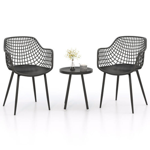 3 Piece Patio Chair Set with PP Seat and Tabletop for Porch-Black - Color: Black D681-JV11359DK
