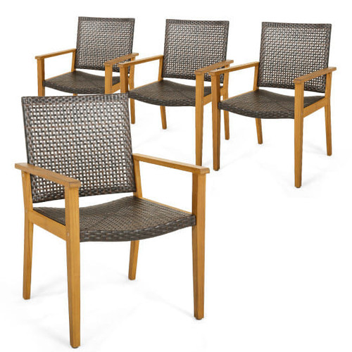 Set of 4 Outdoor Rattan Chair with Sturdy Acacia Wood Frame-Set of 4 - Color: Gray D681-HW71249-4