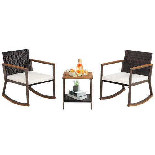 3 Pieces Rattan Rocking Bistro Set with Coffee Table and Cushions-Off White - Color: Off White D681-HW70901WH