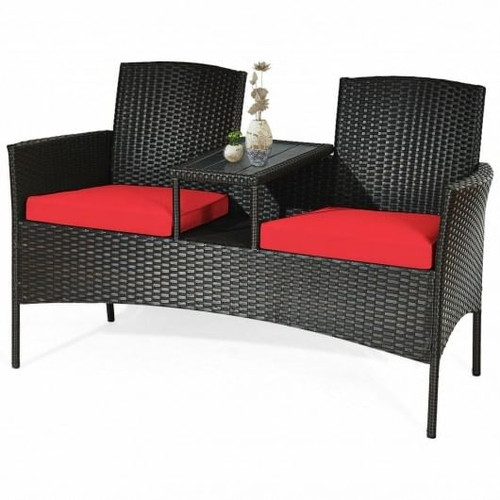 Modern Patio Conversation Set with Built-in Coffee Table and Cushions -Red - Color: Red D681-HW63233RE